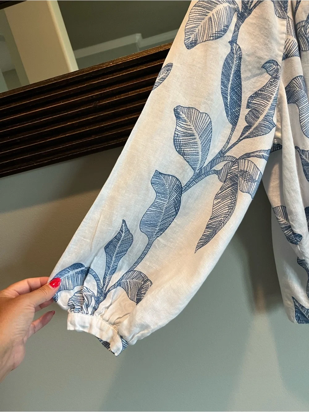 Banana Republic White Blue Leaf Print Linen Boho Peasant Blouse Top Size XL